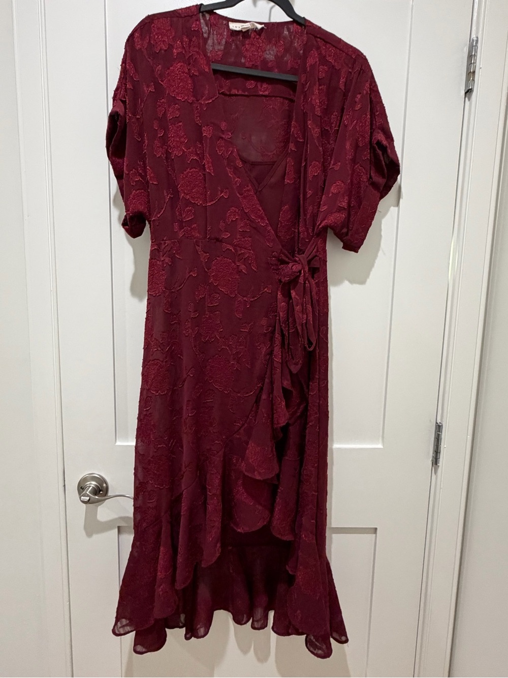 lovestitch Burgundy Floral Wrap Midi Dress with Ruffle Hem
